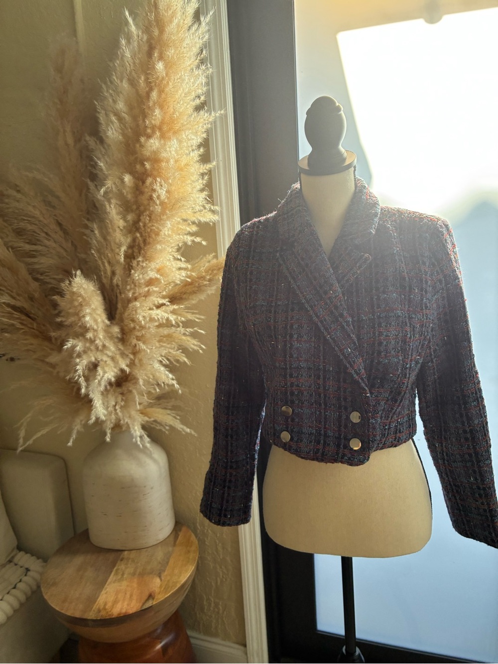 Cropped Plaid Tweed Jacket - Deep Navy